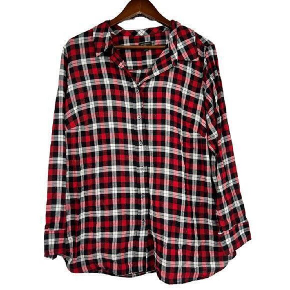 Talbots red black metallic silver plaid button front shirt holiday plus size 1X